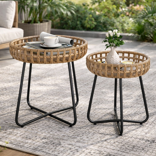 Rattan side tables set nesting - side,